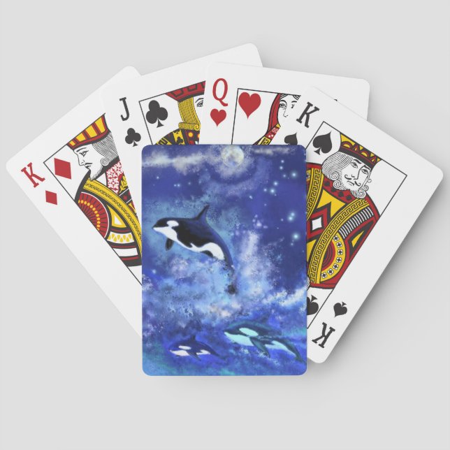 Killer Whales on Full Moon Blue Playing Cards Gift (Back)