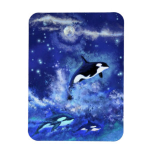 Killer Whales on Full Moon Magnet - Painting
