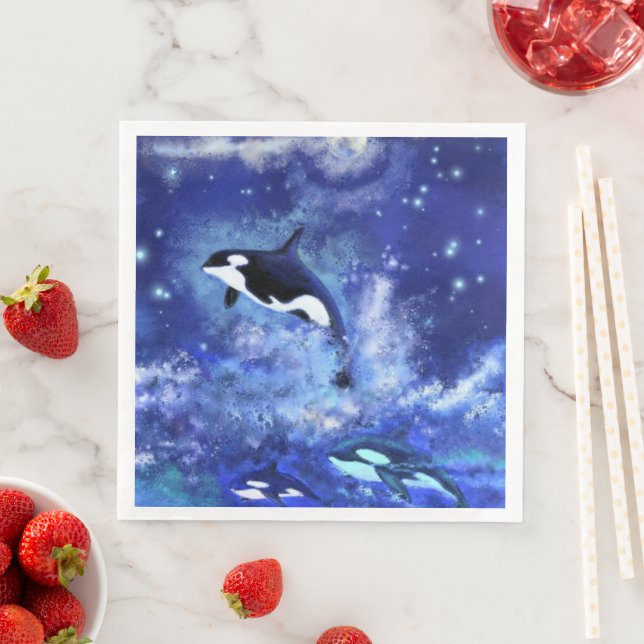 Killer Whales on Full Moon Napkins Blue Night (Insitu)