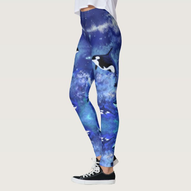 Killer Whales on Full Moon Night - Drawing - Blue Leggings (Left)