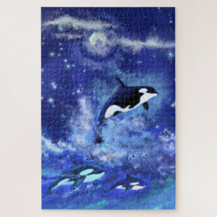Killer Whales Swimming on Full Moon - Art Drawing Jigsaw Puzzle