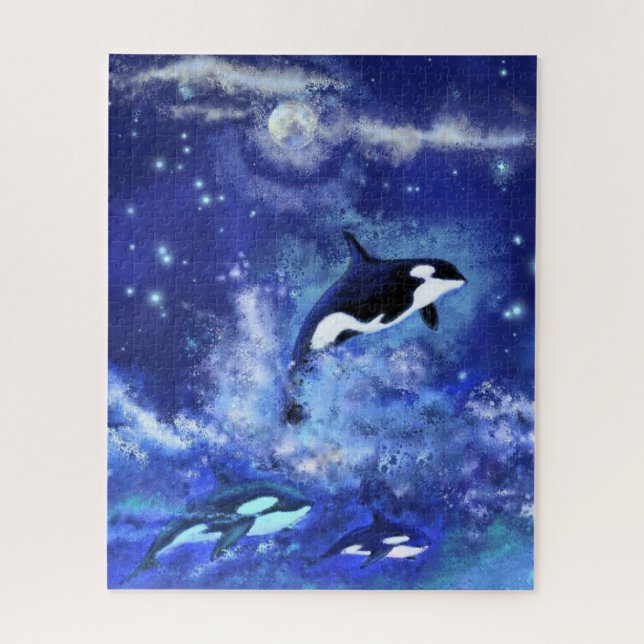 Killer Whales Swimming on Full Moon - Drawing Art Jigsaw Puzzle (Vertical)
