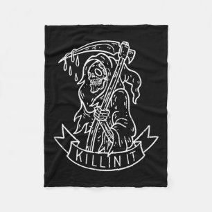 Killin It, Funny Grim Reaper Distressed Tattoo Art Fleece Blanket