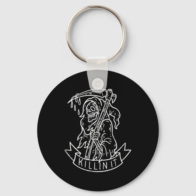 Killin It, Funny Grim Reaper Distressed Tattoo Art Key Ring (Front)