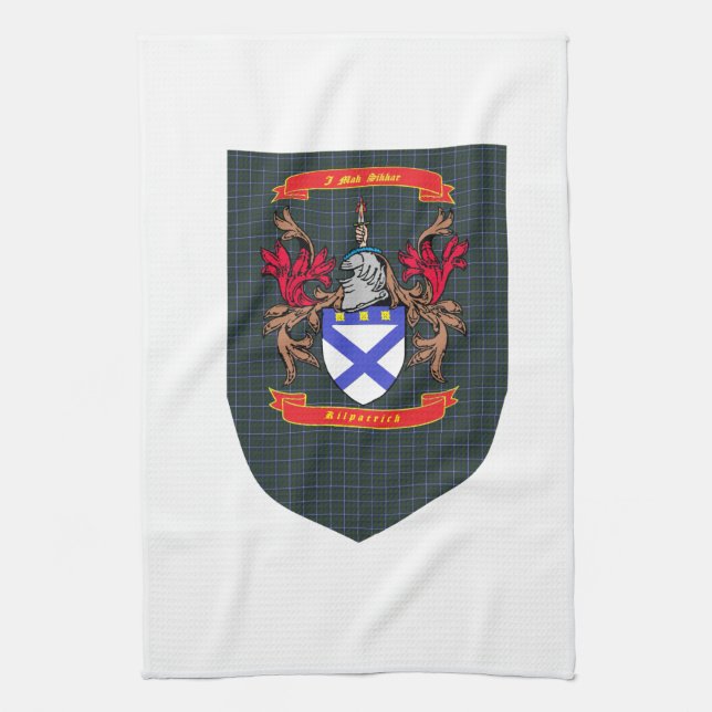 Kilpatrick Crest on Douglas Tartan Shield Tea Towel (Vertical)