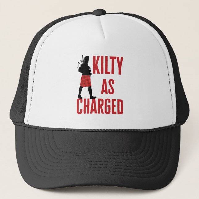 Kilty as Charged Funny Kilt Wearer Pun Joke Trucker Hat (Front)