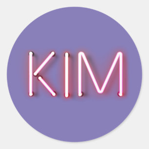 Kim name in glowing neon lights novelty classic round sticker
