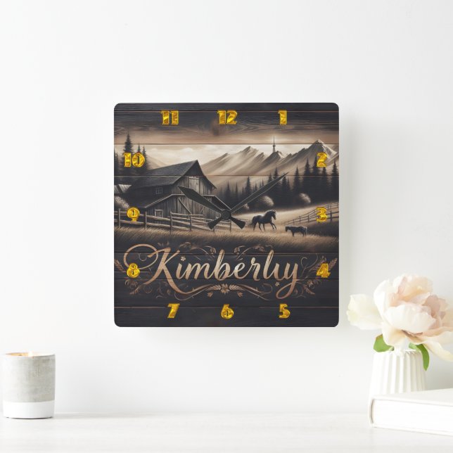 Kimberly Barn Surrounded by Horses and Mountains Square Wall Clock (Home)