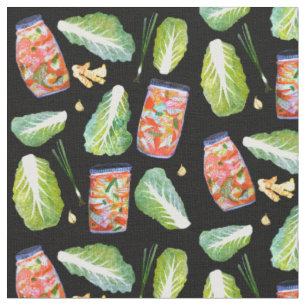 Kimchi Ingredients Watercolor Pattern Black Fabric