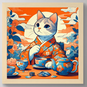 Kimono Cat Drinking Tea Japanese Orange Blue Poster