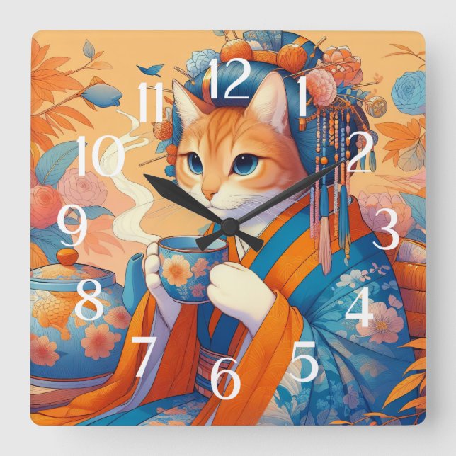 Kimono Cat Geisha Having Tea Japanese Orange Blue Square Wall Clock (Front)