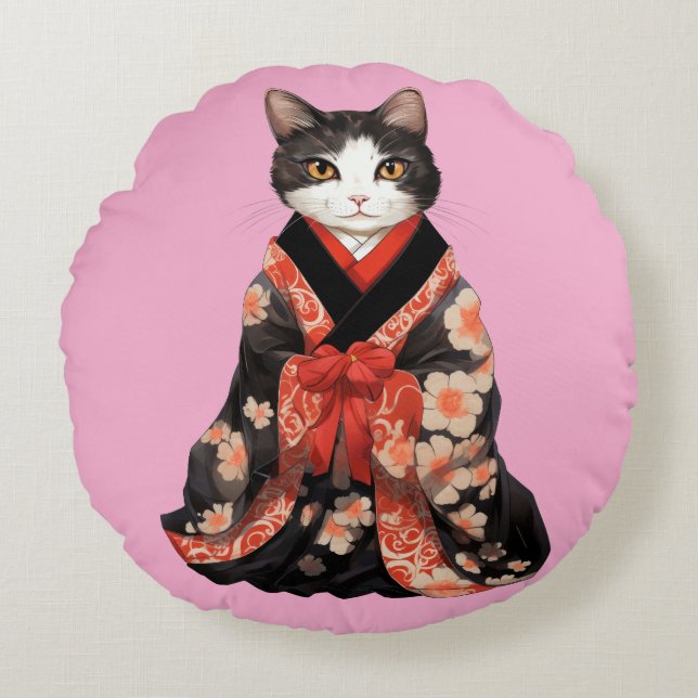  Kimono  Cat (PINK) Round Cushion (Front)