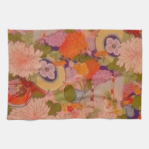 Kimono Flower Pink Floral Pattern Tea Towel