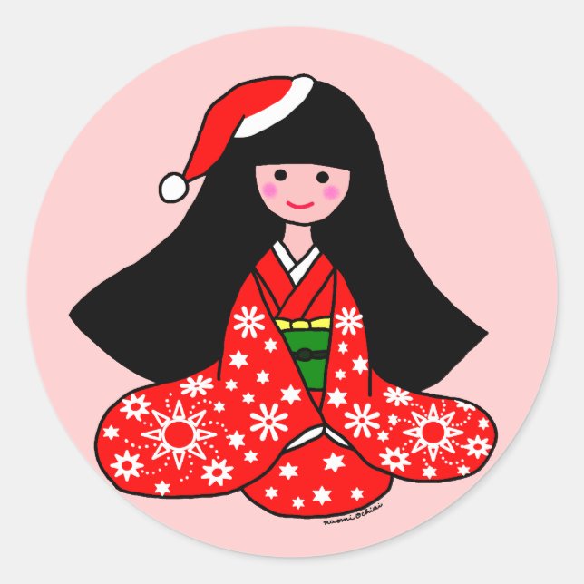 Kimono Girl Christmas Cartoon Illustration Classic Round Sticker (Front)