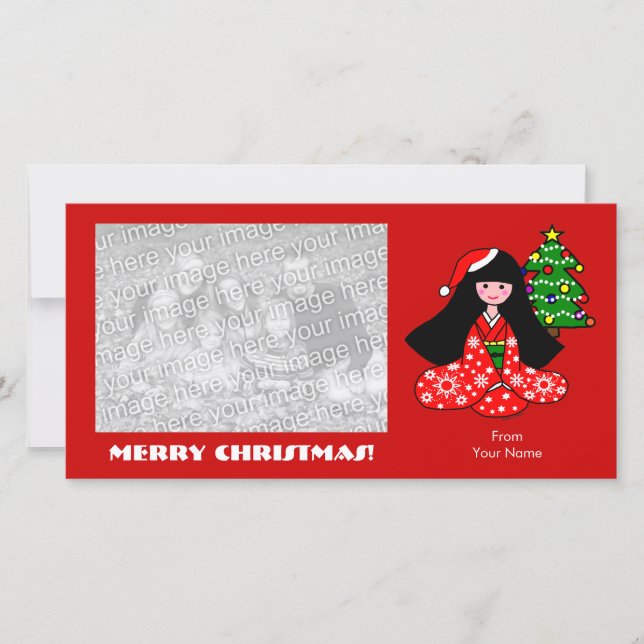 Kimono Girl Christmas Cartoon Illustration Holiday Card (Front)