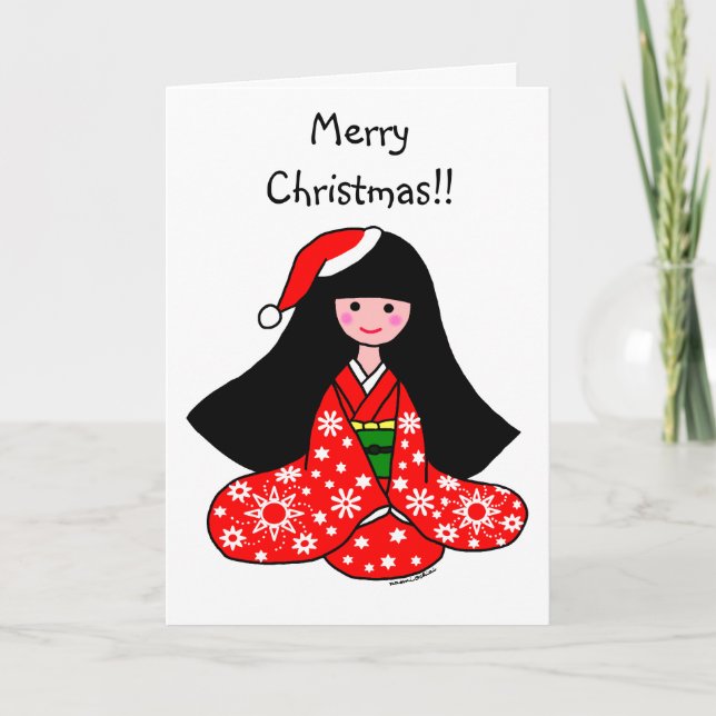 Kimono Girl Christmas Cartoon Illustration Holiday Card (Front)