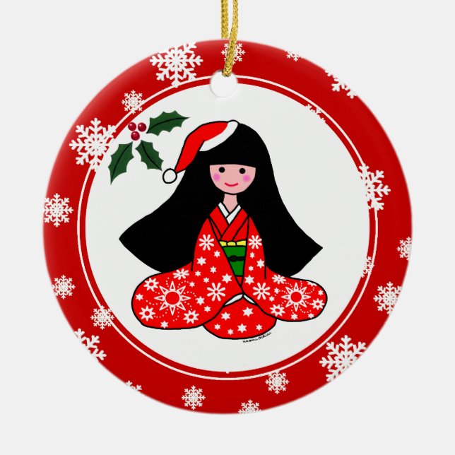Kimono Girl Christmas Cartoon Snowflakes Ceramic Tree Decoration (Front)