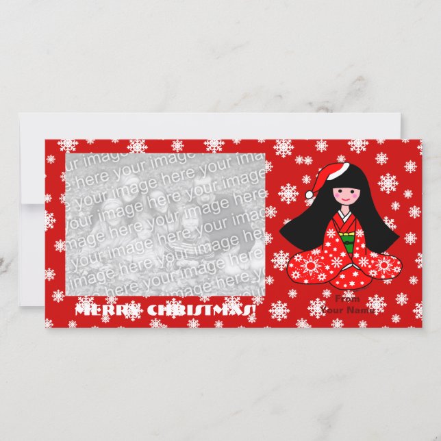 Kimono Girl Christmas Cartoon Snowflakes Holiday Card (Front)