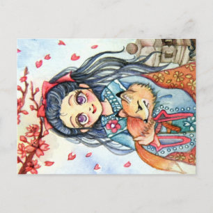 Kimono Girl Holding Little Fox Postcard