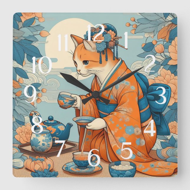 Kimono Kitty Having Tea Japanese Orange Blue Square Wall Clock (Front)