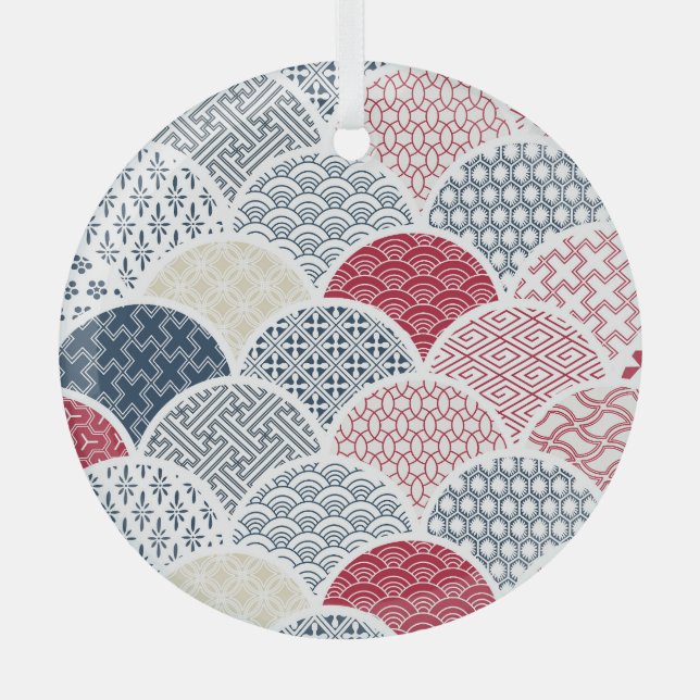 Kimono Line Art: Traditional Geometric Pattern Glass Tree Decoration (Front)