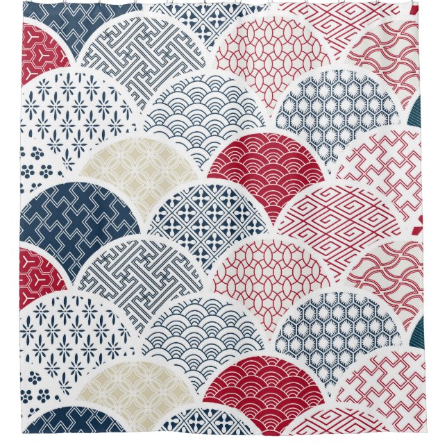 Kimono Line Art: Traditional Geometric Pattern Shower Curtain (Front)