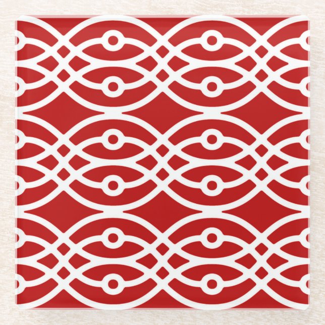Kimono print, dark red and white glass coaster (Front)