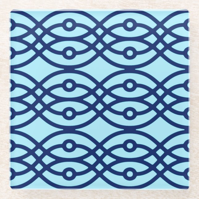 Kimono print, navy and light blue glass coaster (Front)