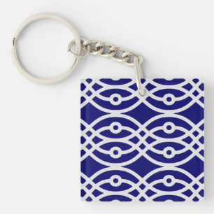 Kimono print, silver grey and navy blue key ring