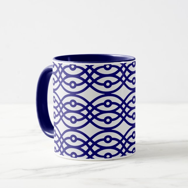 Kimono print, silver grey and navy blue mug (Front Left)