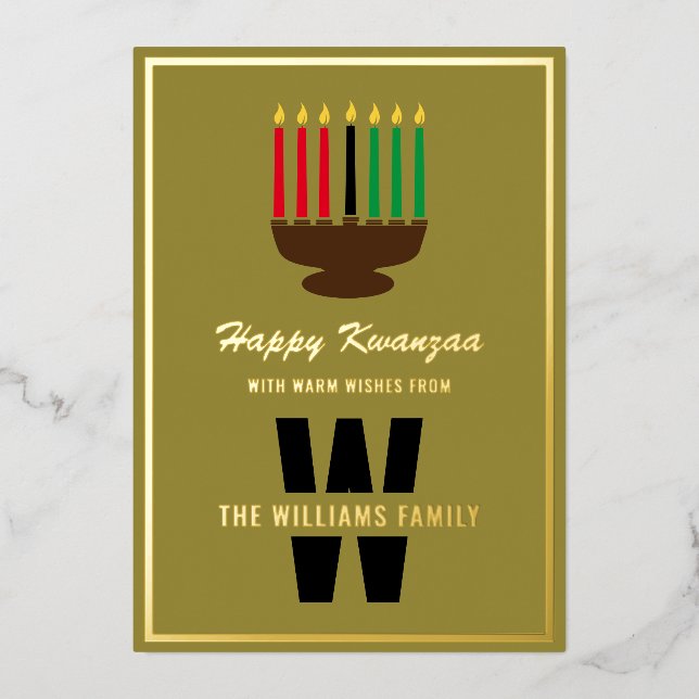 Kinara Candles Happy Kwanzaa Monogram Family Name Foil Holiday Card (Front)