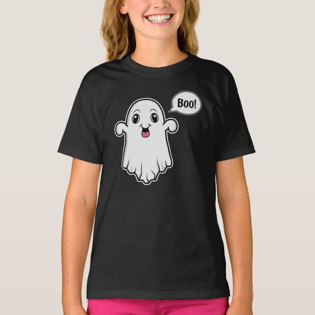 Kind Faced Cartoon Ghost Saying Boo Halloween T-Shirt (Front)