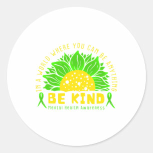 Kind Green Ribbon Sunflower Mental Health Awarenes Classic Round Sticker