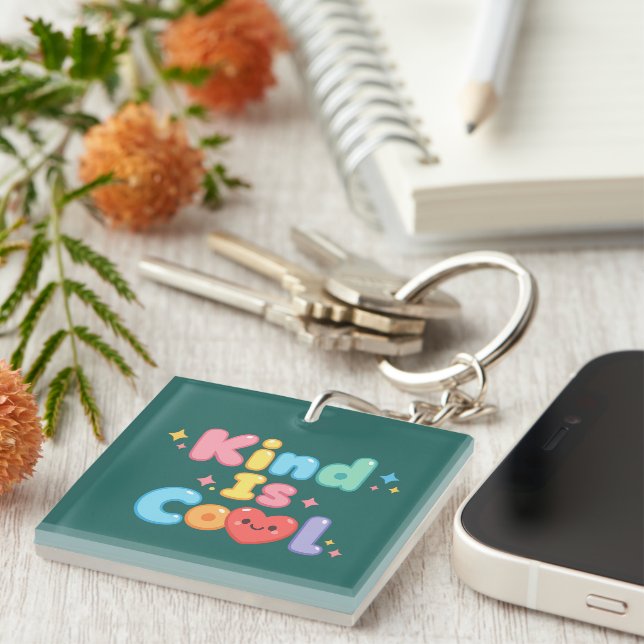 "Kind is Cool" Pastel Retro Typography Acrylic  Key Ring (Front Right)