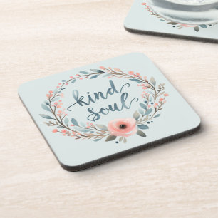 Kind Soul Floral Wreath Watercolor Quote Coaster