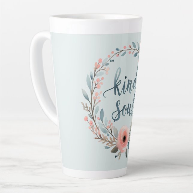 Kind Soul Floral Wreath Watercolor Quote Latte Mug (Left Angle)
