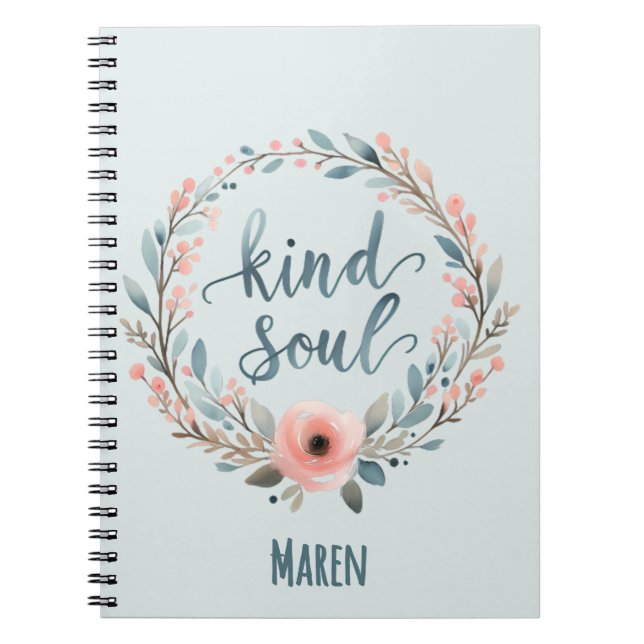Kind Soul Floral Wreath Watercolor Quote Notebook (Front)