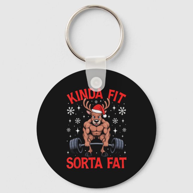 Kinda Fit Sorta Fat Funny Gym Reindeer Weightlifti Key Ring (Front)