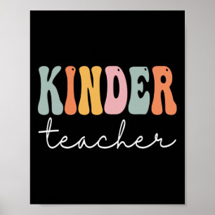Kinder Teacher Retro Groovy Women Happy First Day Poster