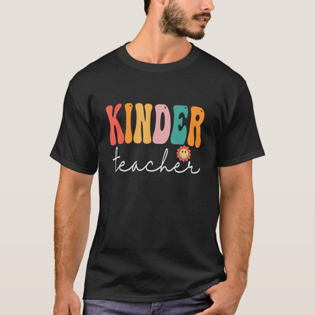Kinder Teacher Retro Groovy Women Happy First Day  T-Shirt (Front)