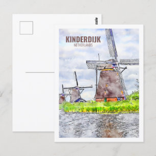 Kinderdijk Netherlands Travel Watercolor Sketch Postcard