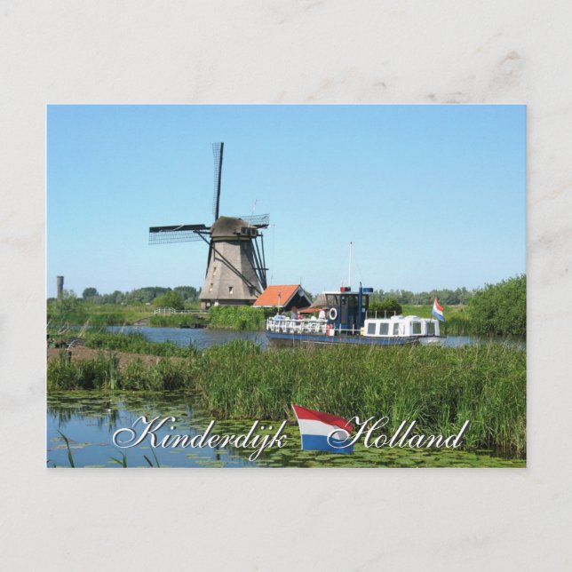 Kinderdijk Windmill and Boat Holland Postcard (Front)