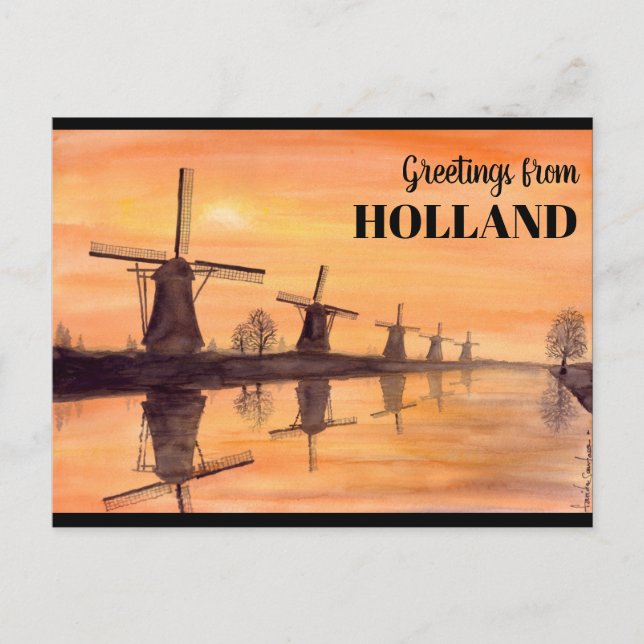 Kinderdijk Windmills Sunset - Watercolor Painting Postcard (Front)