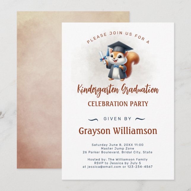 Kindergarten Boy Graduation Squirrel Invitation (Front/Back)