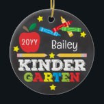 Kindergarten Colourful Chalk Keepsake Kids Photo Ceramic Tree Decoration<br><div class="desc">Kindergarten ornament design features an apple, a ruler, crayons and bold, colourful fun typography and a photo on the back! Click the customise button for more options for modifying the text! Variations of this design, additional colours, as well as coordinating products are available in our shop, zazzle.com/store/doodlelulu. Contact us if...</div>