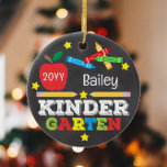 Kindergarten Colourful Chalkboard Keepsake Kids Ceramic Tree Decoration<br><div class="desc">Kindergarten ornament design features an apple, a ruler, crayons and bold, colourful fun typography! Click the customise button for more options for modifying the text! Variations of this design, photo options, other school grades, additional colours, as well as coordinating products are available in our shop, zazzle.com/store/doodlelulu. Contact us if you...</div>