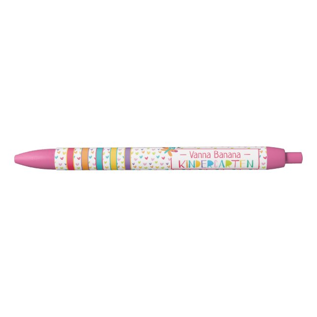 Kindergarten Crayon Colours Hearts Stripe Butterfl Black Ink Pen (Front)