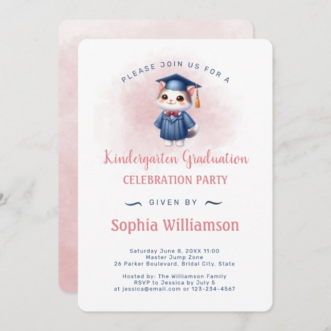Kindergarten Graduation Cat for Girl Invitation (Front/Back)
