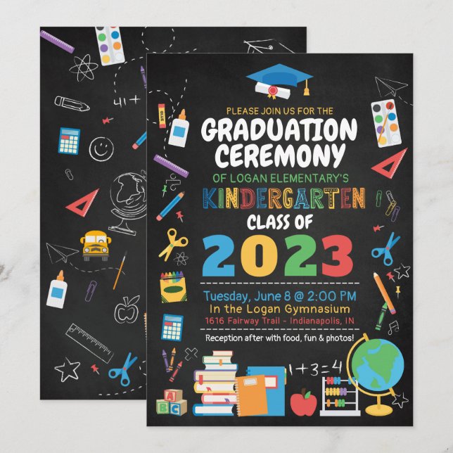Kindergarten Graduation Ceremony Colour Chalkboard Invitation (Front/Back)