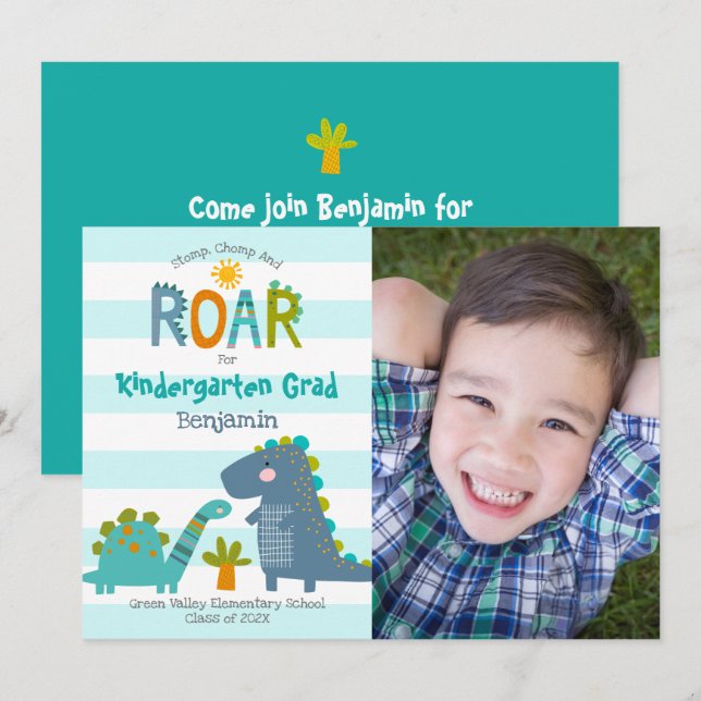 Kindergarten Graduation Photo Dinosaurs Boy Cute Invitation (Front/Back)